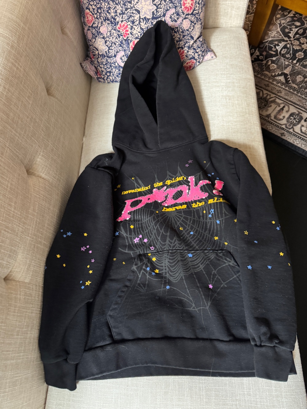 Sp5der Black Graphic Hoodie with Pink 'Pink” Print and Yellow Accents